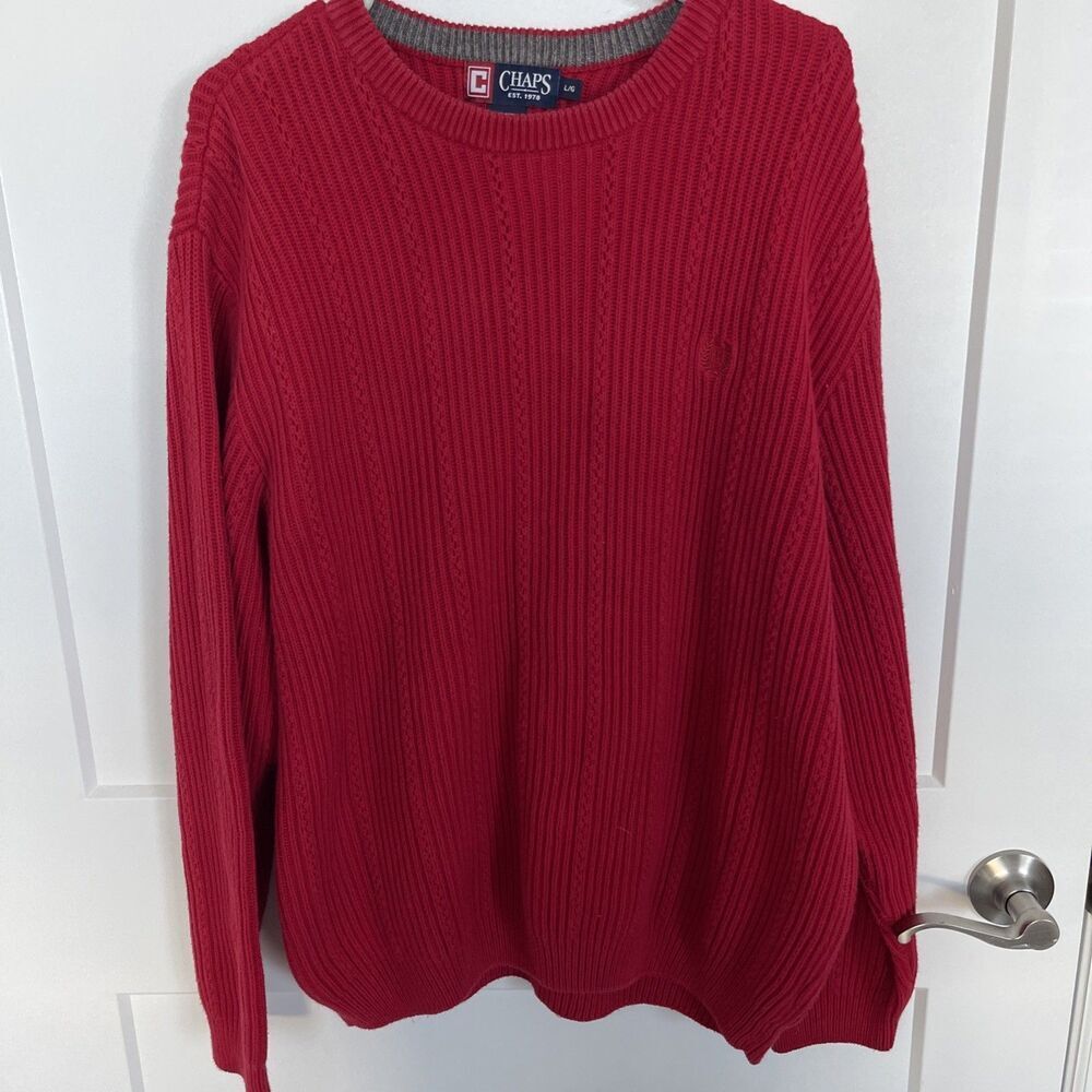 Ralph Lauren Chaps Sweater Mens Large Red Cable Knit Cotton Heavy Nice